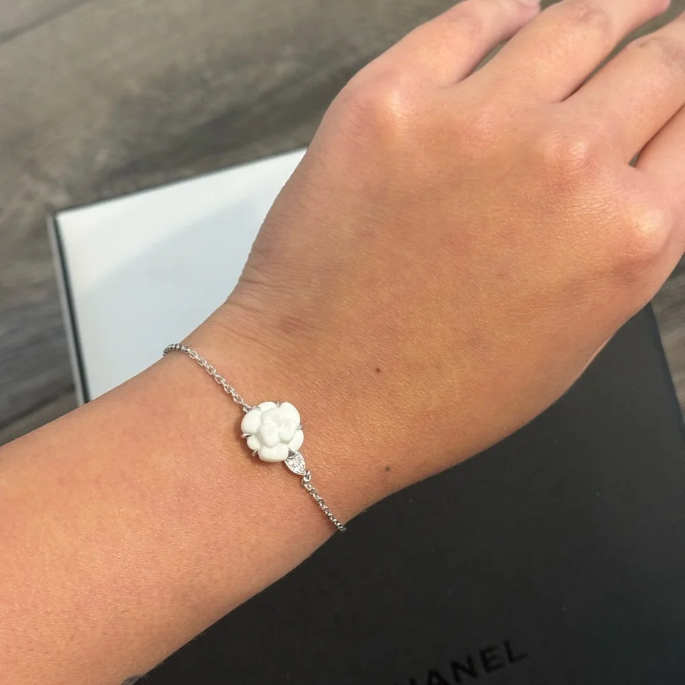 CHANEL 18K Silver Chalcedony & Diamond Camellia Bracelet - Picture 5 of 8